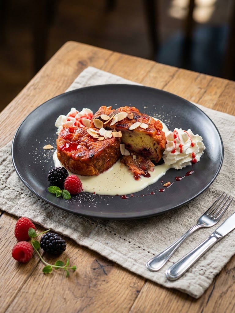 Pain perdu aux pralines roses, crème anglaise et fruits rouges