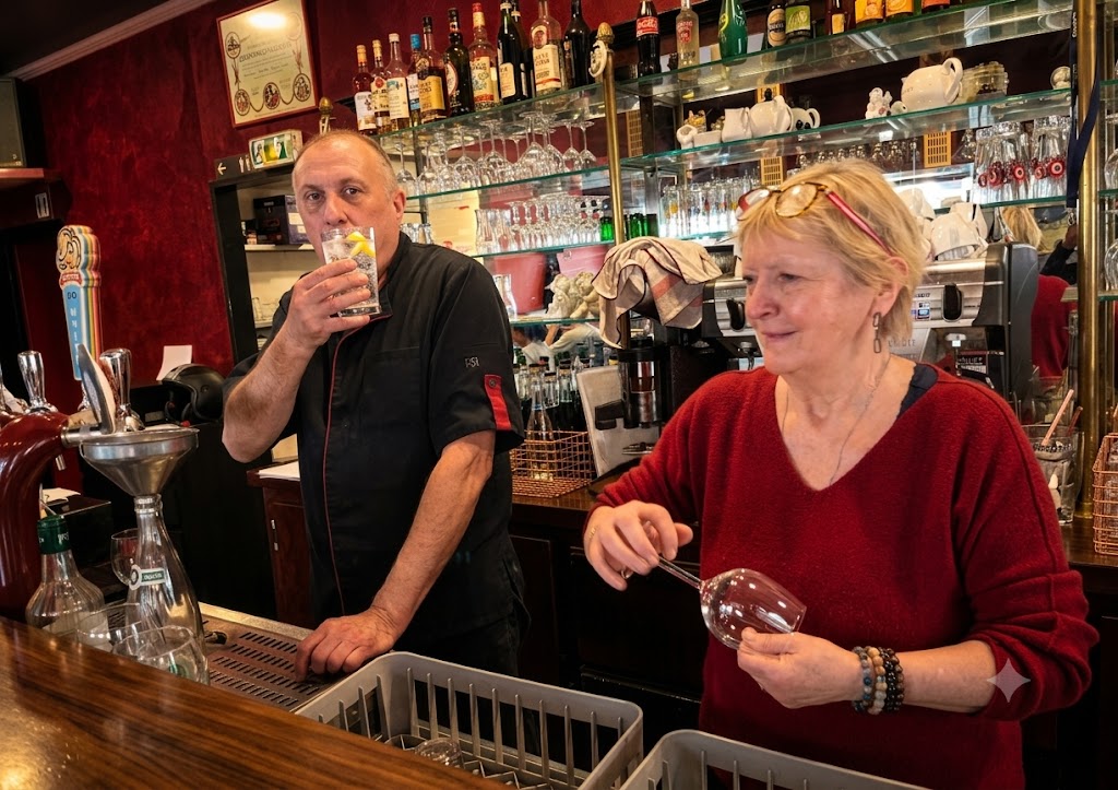 Chantal et Denis derrière le bar de la Brasserie du Commerce
