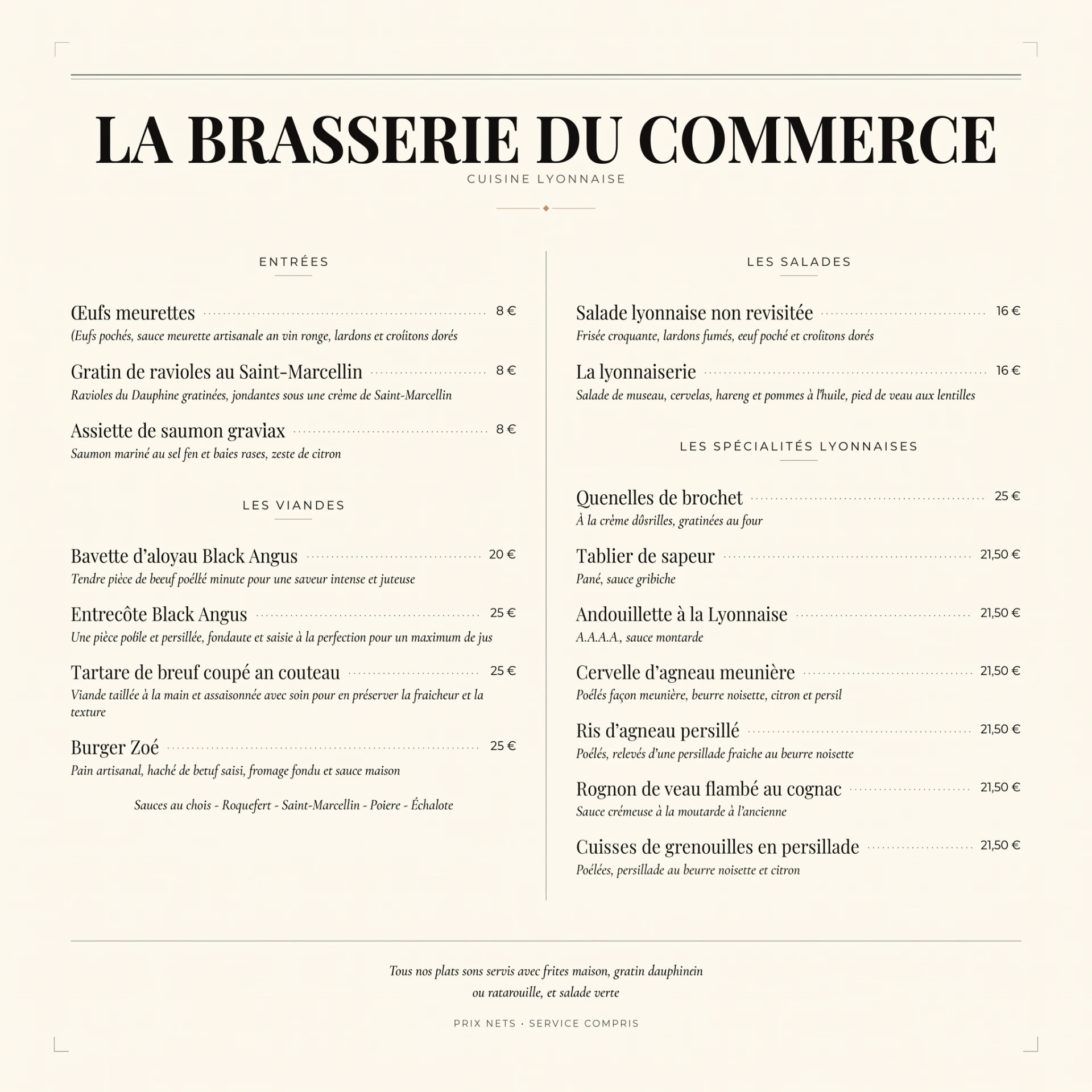 Carte de La Brasserie du Commerce, cuisine lyonnaise