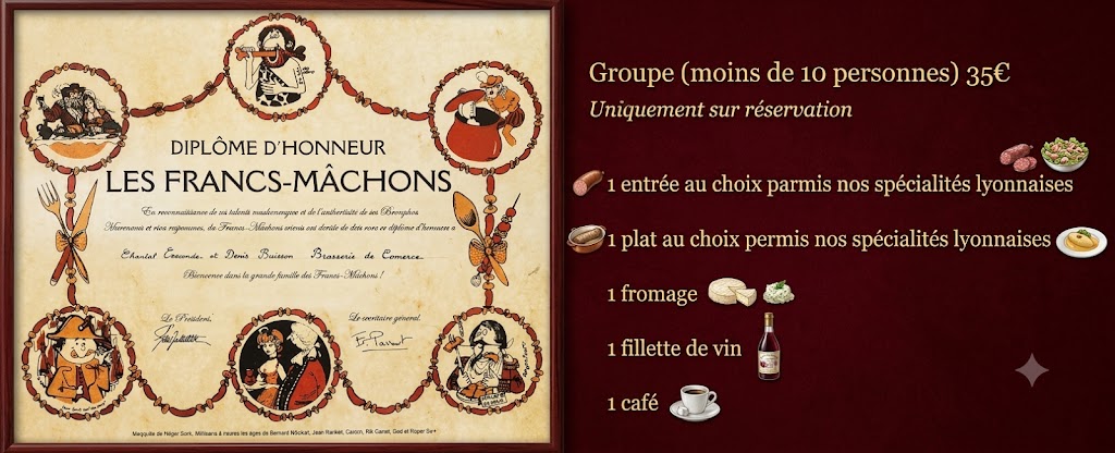 Diplôme d'honneur des Francs-Mâchons et détail du menu groupe de la Brasserie du Commerce