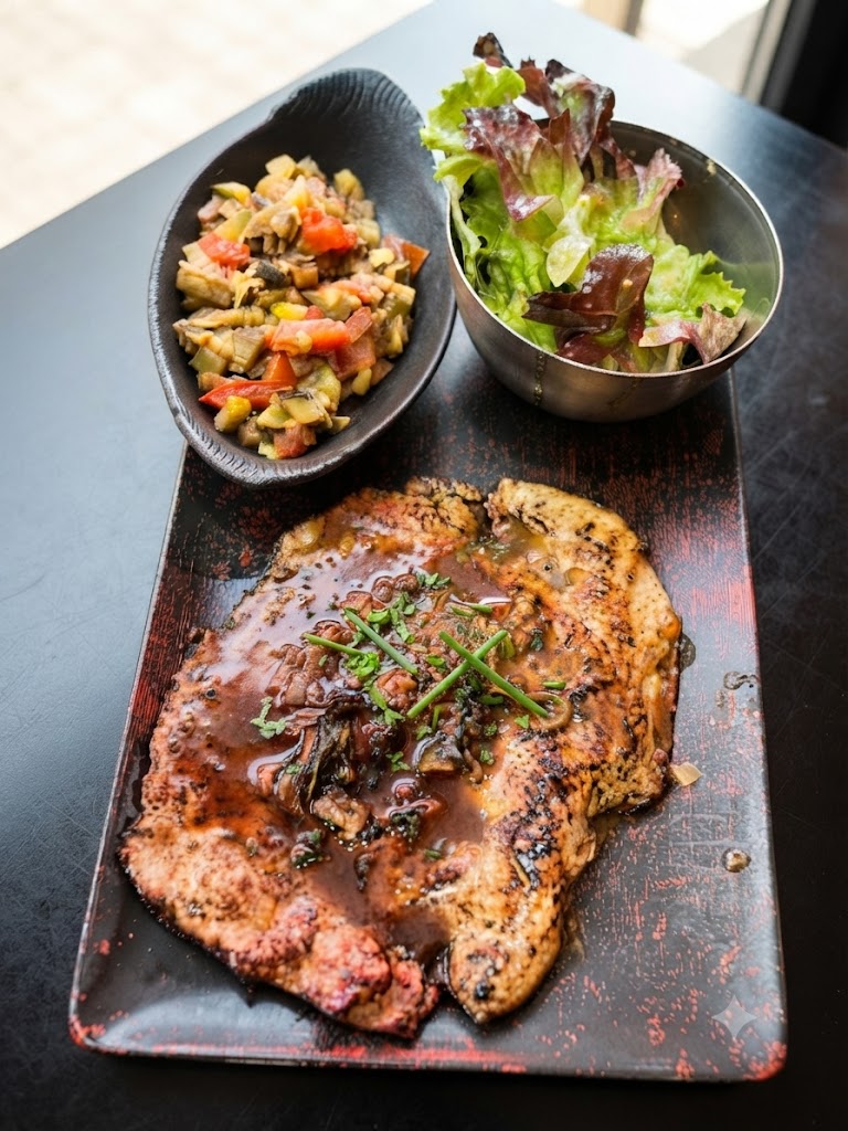 Tranche de foie de veau poêlée avec sauce au vinaigre de framboise
