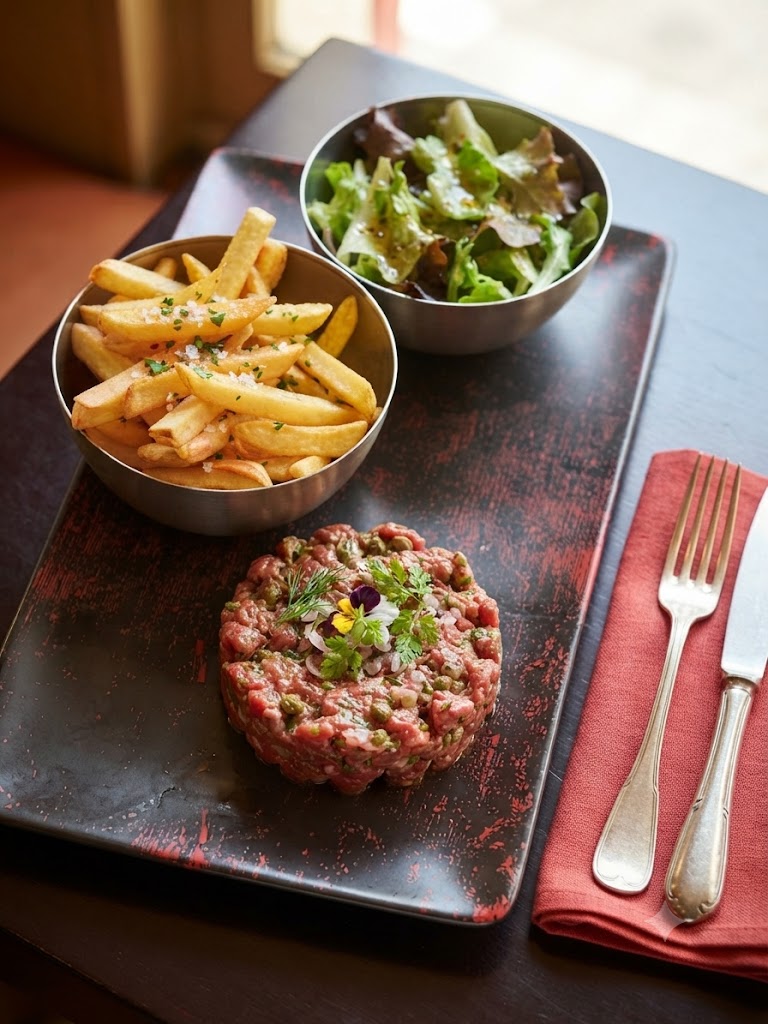 Tartare de bœuf coupé au couteau avec frites et salade