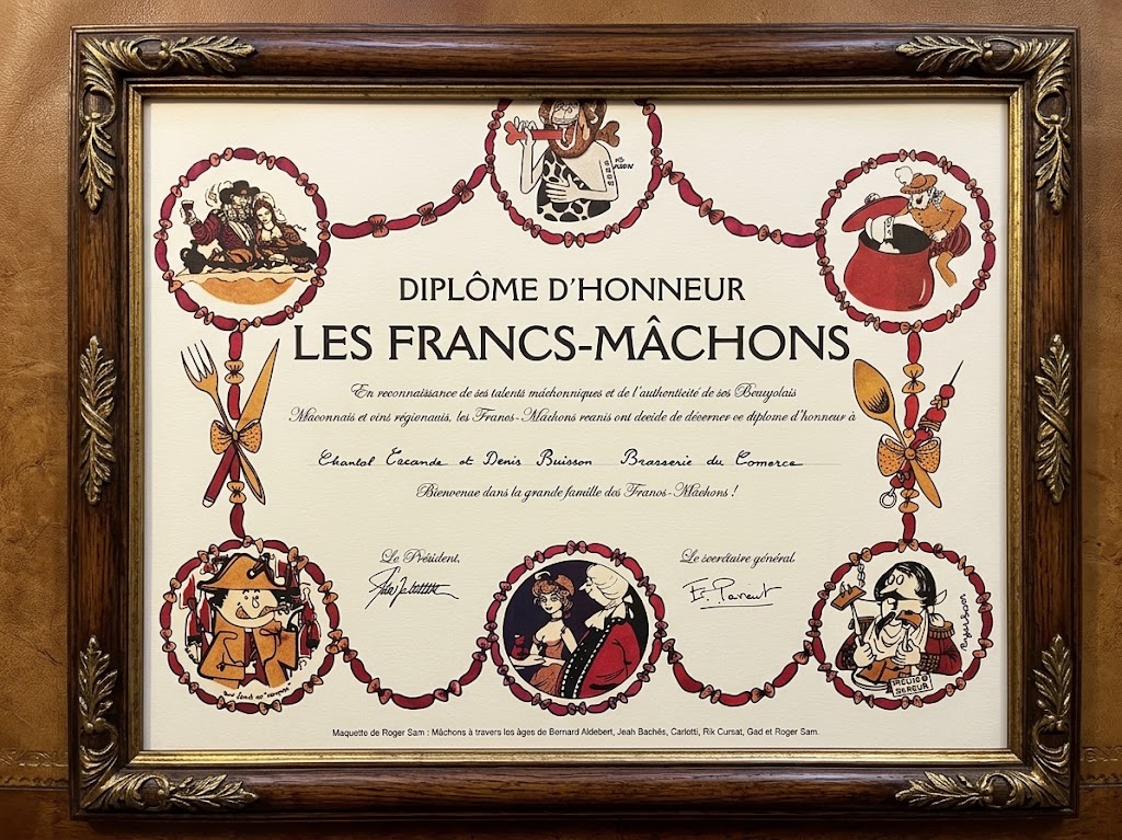 Diplôme d'honneur des Francs-Mâchons décerné à Chantal Escande et Denis Buisson, Brasserie du Commerce
