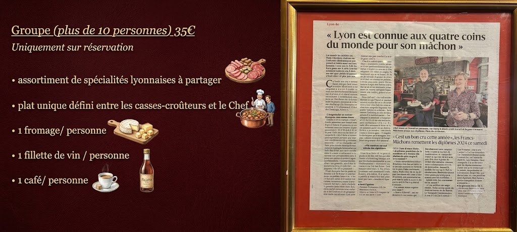 Menu mâchon groupe de plus de 10 personnes à la Brasserie du Commerce